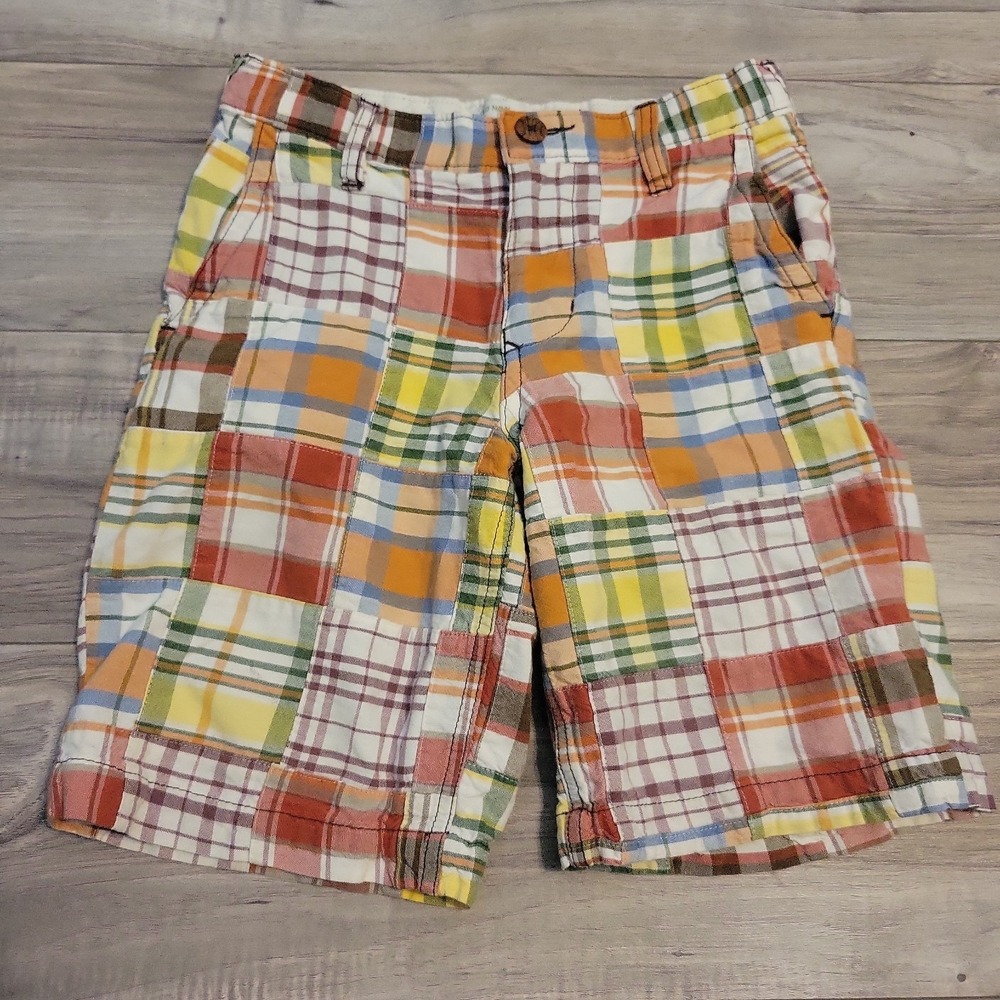 Old Navy Patchwork Plaid Chino Shorts Boys 7 Preppy Plaid Summer 8" Inseam